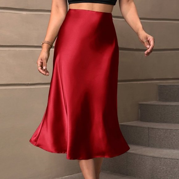 Red Preppy Womens High Waist Satin Skirt